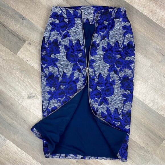New York & Co Gabrielle Union Pencil Skirt Floral Jacquard Blue 4 Full Zip Back - Picture 11 of 14